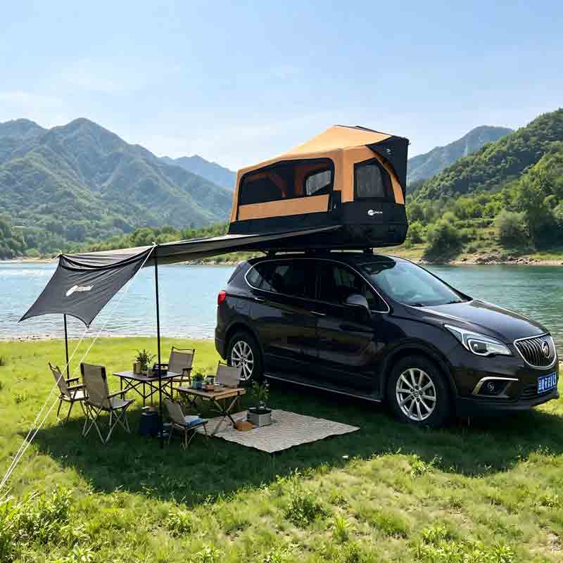 PlayDo Skiff inflatable rooftop tent on SUV with side awning, mountain lake campsite