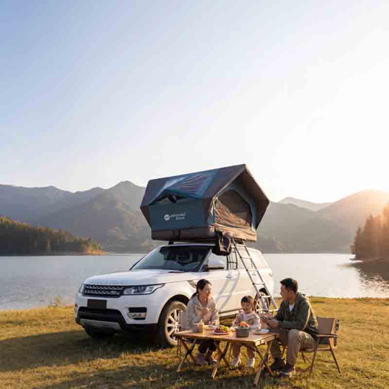 playdo inflatable rooftop tent on white SUV, family enjoying lakeside camping at sunset